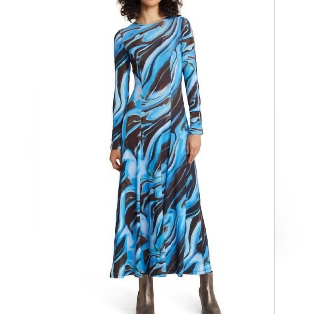 Elegant Blue and Brown Swirl Dress